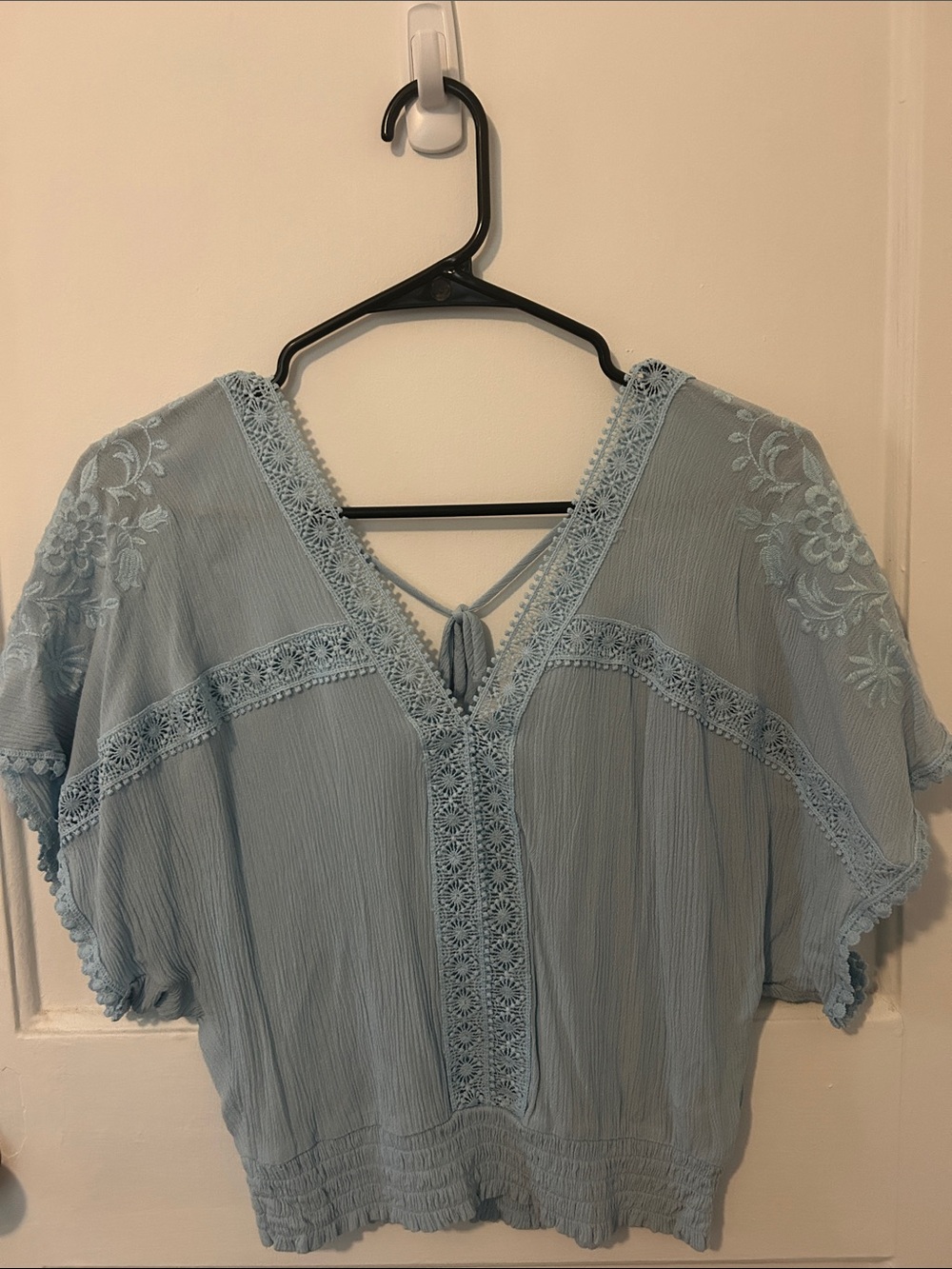 Blue Embroidered V-Neck Cropped
Blouse